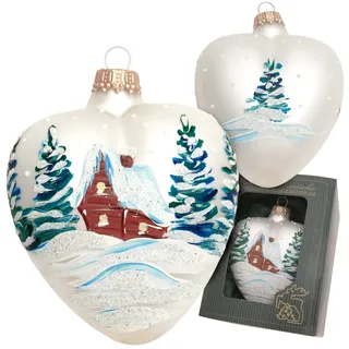 Krebs Glas Lauscha - Weihnachtsdekoration/Christbaumschmuck aus Glas - Herz Satin verschneite Landschaft mit Haus - Farbe: Weiß - Größe: ca. 10 cm