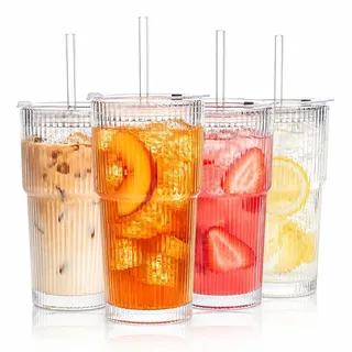 ALINK 4 Stück 600ml Gerippte Glasbecher mit Deckel und Strohhalm, dickwandige und robuste Smoothie Becher aus hochwertigem Glas, luftdichtes und wasserdichtes Design, ideal als Kaffee