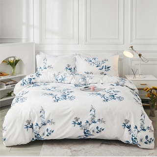 Freyamy Blumen Bettwäsche Set 135x200cm 2teilig Weiß Blau Blätter Pflanzen Blumenmuster Wendebettwäsche Gebürstet Microfaser Weiche Bettbezug mit Reißverschluss und Kissenbezug 80x80cm