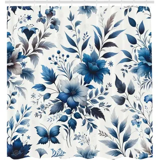 ABAKUHAUS Blau Duschvorhang, Wassermalfarben Blumen Beerenzweige Blätter volksinspirierte Florale Motive, Stoffliches Gewebe Badezimmerdekorationsset mit Haken, 175 x 200 cm, Blaugrau Dunkles Türkis