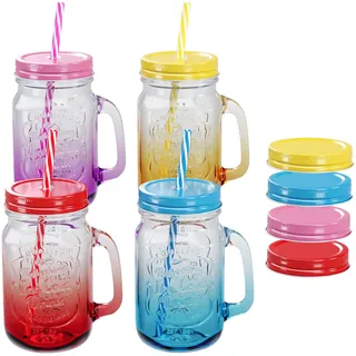 WELLGRO Trinkgläser Set 4x 500 ml Farbverlauf mit Deckel & Strohhalm – Mason Jar Gläser für Cocktails, Eistee, Limonade, Saft, Wasser & Smoothies