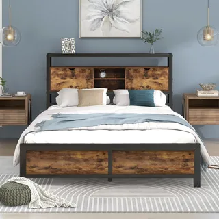 okwish Metallbett Einzelbett 140 x 200 cm mit Stauraum-Kopfteil und Metall Lattenrost, Jugendbetten Kinderbett Metall Bettgestell Bettrahmen, Schwarz - Naturbelassen