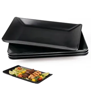 Doafoce 4 Stück Teller Schwarz Servierplatte Melaminkunststoff Servierteller Platten Plastiktellerchen Kuchenplatte Rechteckig Servierteller für Sushi, Desserts, Kuchen, Rindfleisch 25x15.5x2.4cm