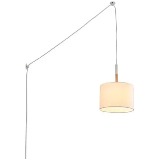 BARCELONA LED Große Pendelleuchte Deckenlampe im klassischen und modernen Luxus Stil, weiße Kunststoffschirm mit Holzelementen, Vintage Design Hängeleuchte für Wohnzimmer, Esszimmer und Gewerbe