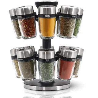 Cole & Mason Cambridge Gewürzregal mit 16 Gewürzgläsern, 360 Gewürzkarussell/Gewürzregal Stehend, Edelstahl/Glas, Gewürze/Kräuter enthalten