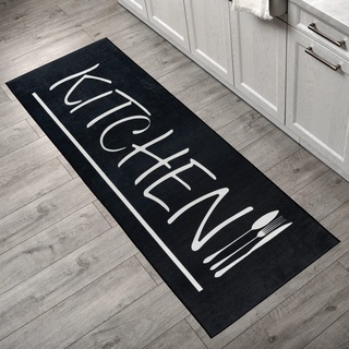 Mynes Home waschbarer Küchenteppich - Pflegeleichter Küchenläufer mit Latexunterlage - Teppich für Küche, Waschmaschinengeeignet, Küche Black, 80x300 cm