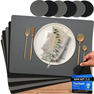 Mahewa® 6er Set Premium Tischset aus Kunstleder - Platzset abwaschbar und wasserdicht - Platzdeckchen Telleruntersetzer in Lederoptik (Dunkelgrau/Schwarz, Eckig)