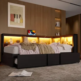 Metall-Tagesbett, 90 x 200 cm, mit Ausziehbett, Stauschränken, LED-Beleuchtung und USB-Anschlüssen, schwarz - Schwarz