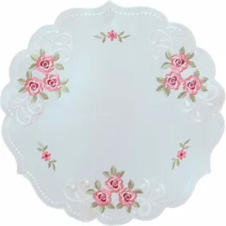Tischdecke Tischtuch Stickerei Rosen Blüten Frühling Tischläufer Bogenrand 40 cm rund - Weiß