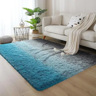 AIMECO Großer Türkis-Grau Farbverlauf Flauschig Hochflor Teppich 200x300cm | Anti-Rutsch Leichtgewichtig, Skandinavischer Stil, Ideal für Wohnzimmer & Schlafzimmer