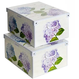 Set aus 2 Aufbewahrungsboxen mit Deckel – Große Kleiderboxen aus Karton 39x50x24 cm – Robust, leicht zu montieren, mit Tragegriffen – Perfekt für Kleiderschrank & Saisonwechsel Hortensien