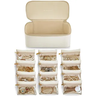Vlando Reise schmuckkasten, Modern Schmuckkästchen mit 12 Schmuckbeutel, Reise Schmuck organizers aus Leder, Transparente Samtbeutel, Schmuck-Etui für Frauen, Mädchen, Geschenk, Weiß