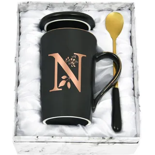 Joymaking Personalisierte Tasse mit Buchstaben Kaffeetasse mit Blumen Motiv, Namen Initiale persönliche Geschenke Kaffeetasse für Frauen Freundin, N - 400ml Schwarz