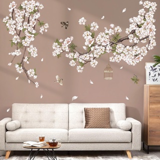 decalmile Wandtattoo Blumen Weiß Baum Ast Wandaufkleber Blüten Vögel auf Ast Wandsticker Wohnzimmer Schlafzimmer Sofa Hintergrund Wanddeko