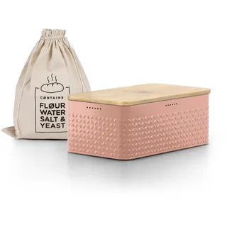 LARS NYSØM Brotkasten I Brotbox aus Metall mit Brotsack aus Leinen für langanhaltende Frische I Brotdose mit hochwertigem Bambusdeckel verwendbar als Schneidebrett I 34x18,5x13,5cm (Blush Rose)