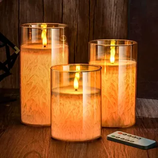 MOZC LED kerzen flackernde flamme, LED Kerze mit Timerfunktion im Glass, Elektrische Echtwachskerzen mit Fernbedienung, 3 teilige Flammenlose Kerzen für Deko Schlafzimmer, Badezimmer Deko