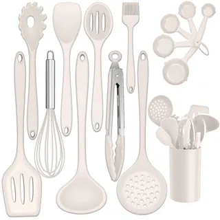 TEAMFAR Küchenhelfer Set, 15 Stück Küchenutensilien zum Kochen, Hitzebeständiger Silikon Pfannenwender mit Utensilienhalter, Spülmaschinenfest, Khaki