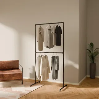 pamo Kleiderständer Schwarz – 99 x 194 cm – Industrial Design Kleiderstange | Traglast 80 kg, Freistehend Garderobenständer, Pulverbeschichtet, Kratz- & Stoßfest, Einfache Montage