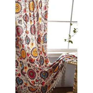 Freyamy Boho Blumen Vorhang 220x150cm 2er Set Scheibengardinen Vintage Bunt Landhausstil Gardinen mit Beige Quasten Lichtdurchlässig Geometrisch Transluzente Vorhänge Blickdicht Kinderzimmer