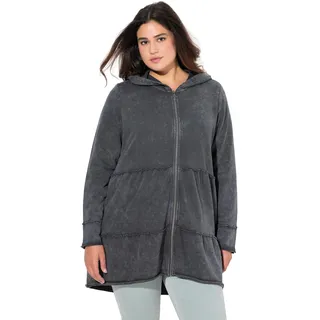 Ulla Popken Damen große Größen Übergrößen Plus Size Long-Hoodiejacke, Vintage-Look, A-Linie, Kapuze Graphitgrau 50+ 834612100-50+
