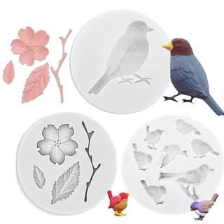 3 Stück Vogel Silikon, Blume Vogel Blatt Silikon, Mini Blume Silikonform, für Dekorierter Kuchen, Schokoladenseifen-Fudge-Glasur (Grau)