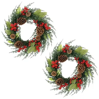 Zavothy 2PCS Türkranz Weihnachten 50 cm, Weihnachtskranz, Künstlicher Kranz mit Tannenzapfen und Weihnachtskugeln, Adventskranz, Weihnachtsdeko, Haustür Dekoration, Dunkelgrün und Rot