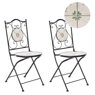 BELIANI Gartenstuhl 2er Set Schwarz Metall Klappbar Faltbar Mosaik Blumenmuster Vintage Stil Balkon Garten Terrasse - Schwarz, Weiß