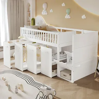 Flieks Etagenbett 90x200cm mit Herausnehmbarem Schreibtisch, Kinderbett Hausbett mit Gaderobe & Schrank, Hochbett mit Treppe, Stockbett Holzbett, Weiß - Weiß