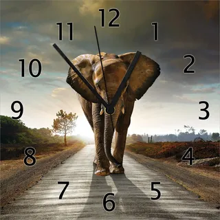 Wallario Design Wanduhr Elefant bei Sonnenaufgang in Afrika aus Echtglas, Größe 30 x 30 cm - Braun