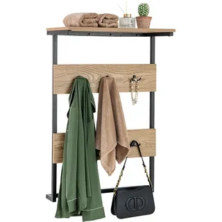 FANTASK Garderobenleiste industriellmit Ablage, Wandgarderobe mit 6 Haken, Kleiderstange Garderobenpaneel mit Metallrahmen, Wandregal für Eingang, Wohnzimmer & Schlafzimmer (Natur)