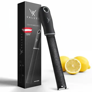 VALUXE® Zester-Reibe spülmaschinenfest - Küchenreibe für Parmesan, Muskatnuss, Ingwer mit scharfer Edelstahl-Klinge schwarz - Zitronenreibe, Käsereibe, Muskatreibe, Parmesanreibe