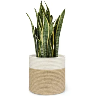 Dahey Jute-gespleißter Baumwollseil-Pflanzkorb moderner gewebter Aufbewahrungskorb 27,9 x 27,9 x 25,4 cm beige und weiß