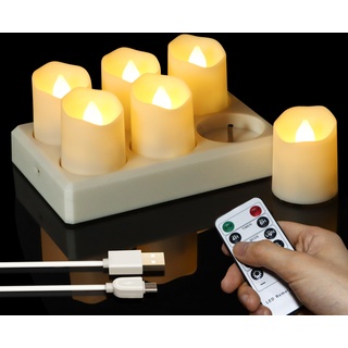 FREEPOWER 6er LED Teelichter Wiederaufladbar mit Ladestation, Elektrische Aufladbare Kerzen USB mit Fernbedienung Timer Flackern Dimmbar Warmweiß, Halloween Weihnachten Deko, Ø4 x 4.5cm