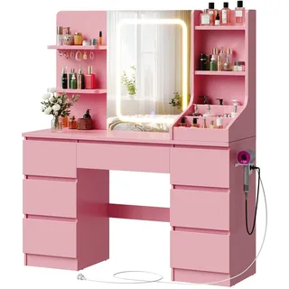 JUMMICO Schminktisch Groß 108cm, Frisiertisch mit Beleuchtung (3 Farben), Makeup Table mit Viel Stauraum, Schminktisch mit Steckdose & Haken, Vanity Desk, Rosa