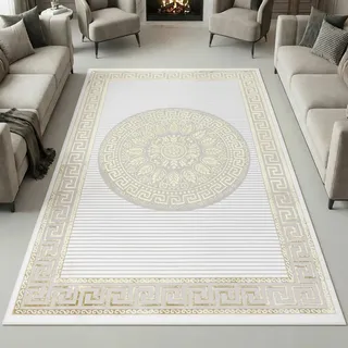 Teppich-Traum Kurzflor Teppich Orient Ornamente Creme Gold 140x200 cm | Pflegeleicht, strapazierfähig, schmutzabweisend, fußbodenheizungsgeeignet, OEKO-TEX geprüft, mit Glanzeffekt, 8 mm Flor