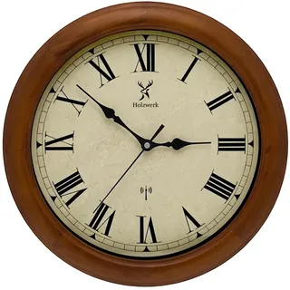 Holzwerk VELBURG (Funk) 35cm Natur Vintage Retro Holz Funk Glas Rund Wanduhr Holz-Uhr Funkwanduhr mit Römischen Ziffern Funkuhr nahezu lautloses Uhrwerk leise Massivholz Natur 14 Zoll Braun