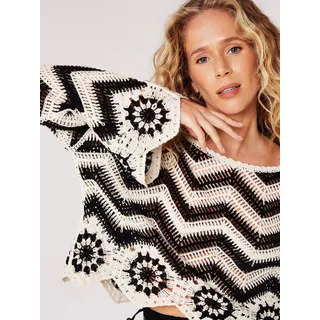 Klassische Bluse APRICOT "Chevron-Häkeltop", Damen, Gr. S/M (36/38), schwarz, Obermaterial: 60% Baumwolle CO. 40% Polyacryl PAN., gemustert, Blusen Klassische Bluse, mit Trompetenärmeln