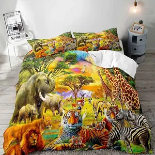 VIVIHOME 2-teiliges Safari-Tier-Bettbezug, Doppelbett-Bettwäsche, Jungen-Kinder-Bettwäsche, Zoo, Dschungel, Tier, Tiger, Löwe, Elefant, Zebra, Giraffe, afrikanische Wildtiere, Bettdecke, Steppdecke,