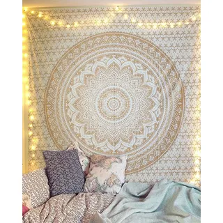Elzusha – Böhmisches Wandteppich im Mandala-Design für Schlafzimmer, Meditation und Yoga, 137x213 cm, Weiß und Gold - Weiß