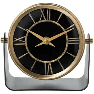 DRW Drehbare Tischuhr aus Metall und Messingsockel, Schwarz und Gold, 14 x 8 x 14 cm