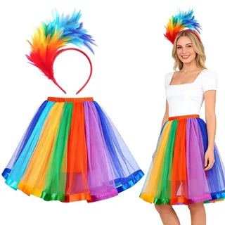 Aurasky Regenbogen Kostüm Damen, Regenbogen Tüllrock Damen + Bunt Feder Haarreif, Elastischer Bund Tüllrock für Karneval Fasching Halloween Mottoparty