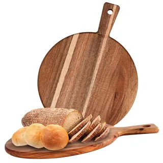 2 Stück Pizzateller Holz 30 cm Durchmesser - Pizzabrett Holz, Rund Pizzateller Akazienholz Pizza Teller Gross Schneidebrett mit Griff Hause, Pizza-Plate für Pizza, Foccacia oder Brot (Akazienholz)
