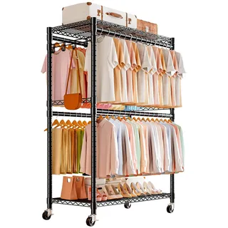 FTEYUET Kleiderständer auf Rollen, Schwerlast Kleiderständer mit 4 Kleiderstangen und 2 Ablage, Garderobenständer, Kleiderstange aus Metall, Verstellbarer Offener Kleiderschrank, 114 x 52 x 204 cm