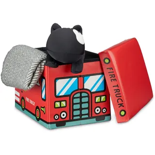 Relaxdays Faltbare Spielzeugkiste Feuerwehr HBT 32 x 48 x 32 cm stabiler Kinder Sitzhocker als Spielzeugbox aus Kunstleder mit Stauraum ca. 37 l und Deckel zum Abnehmen für Kinderzimmer, Firetruck