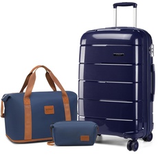 KONO Luggage 3 Piece Sets Carry On Suitcase 55x40x20 Cabin Handgepäck mit Reisetasche und Kulturtasche Lightweight Polypropylene Travel Trolley Case with Secure TSA Lock (Marine)