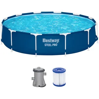 Bestway Steel Pro Frame Pool Set mit Filterpumpe Ø 366 x 76 cm, dunkelblau, rund