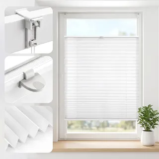 SALCAR Plissee ohne Bohren Klemmfix für Fenster & Türen, lichtdurchlässig & Blickdicht, Faltrollo stufenlos verstellbar, Sichtschutz mit Alu-Leisten, Weiß, B 105 x H 110 cm