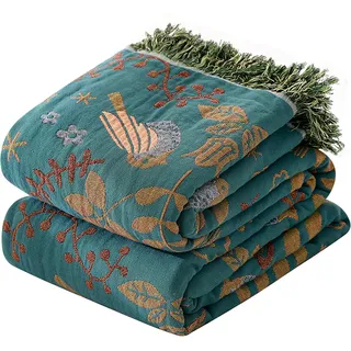 HOORDRY Doppelseitig Boho Tagesdecke 100% Baumwolle boho Decke 200×230CM Baumwoll Musselin Decke Edele und kuschelig weiche TV-Decke Couchdecke Sesseldecke Wendedecke bettüberwurf,Blau/Beige