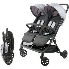 Bambisol Doppelkinderwagen nebeneinander | ideal für Zwillinge ab der Geburt mit ultra-kompaktem Zusammenklappen | Farbe Schwarz und Grau