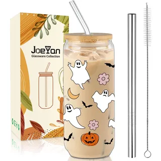 Joeyan Halloween Gläser, 600ml Trinkbecher mit Deckel und Strohhalm, 20oz Helloween Geist Eiskaffeetasse, Kürbis Glas, Kaffee Glasbecher, Glas Tasse Halloween Frauen Geschenke Freunde